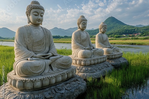 Serene stone Buddha statues situated in lush green landscape under cloudy sky