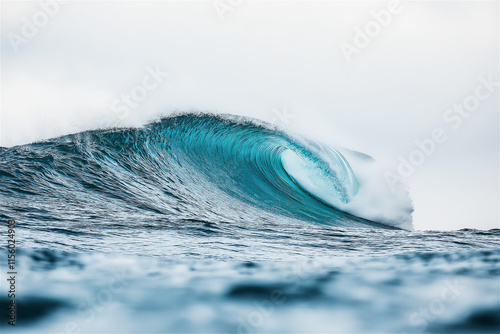 A close-up of a powerful ocean wave curling dramatically, capturing energy and motion with ample copy space for creative designs and concepts. photo