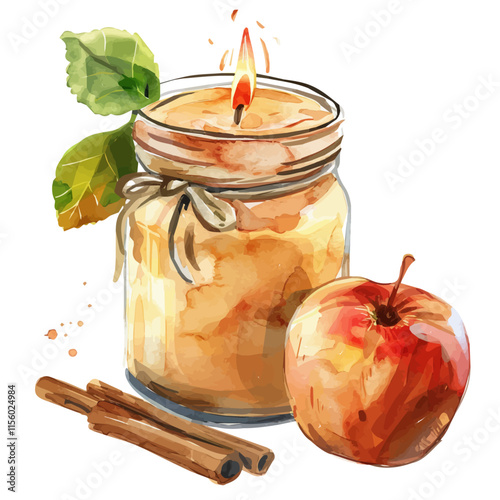 A watercolor vector of a homemade apple cinnamon candle burning in a jar, isolated on a white background. Candle vector.
