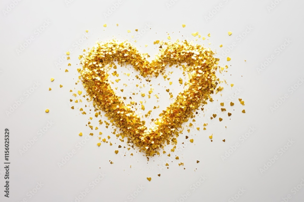 A golden heart shape formed by tiny heart confetti on a white background. A golden heart shape formed by tiny heart confetti on a white background.