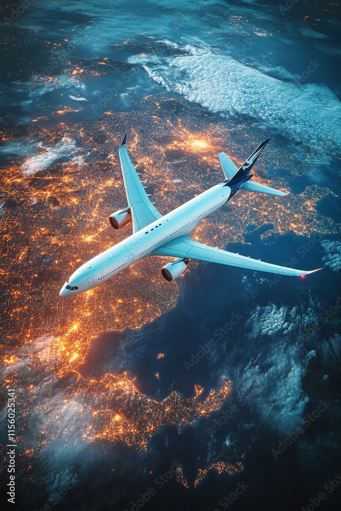 Obraz premium Airplane flying over a city illuminated at night above the Earth