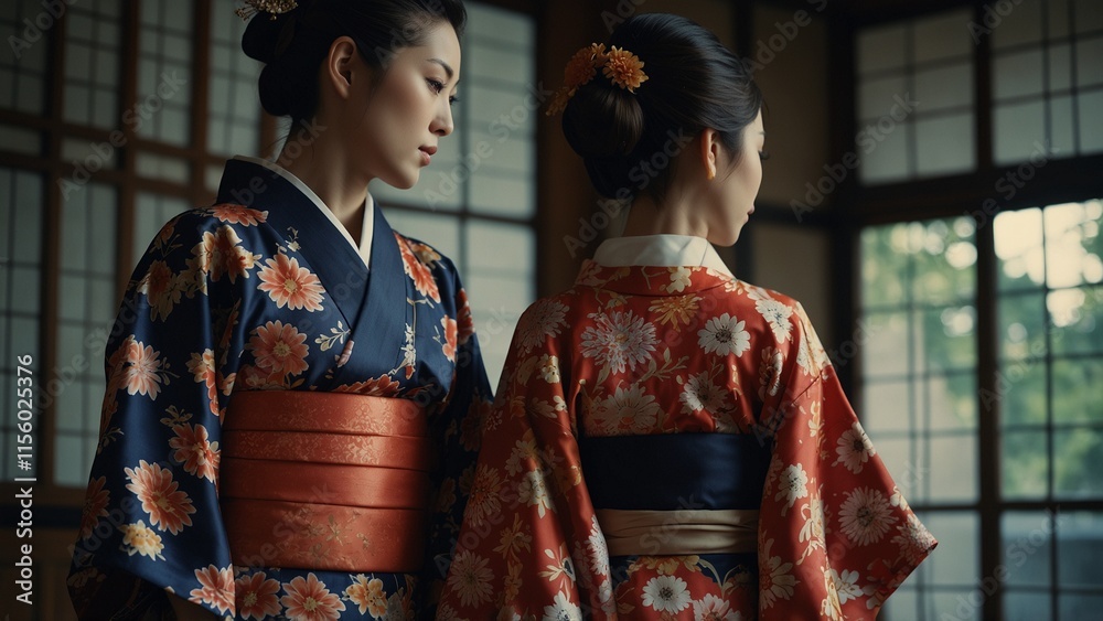Two elegant women wearing traditional Japanese kimonos in rich blue and orange hues, standing before a traditional house, capturing cultural heritage and ceremonial grace Two elegant women wearing traditional Japanese kimonos in rich blue and orange hues, standing before a traditional house, capturing cultural heritage and ceremonial grace