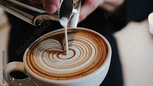 Pouring Milk into Coffee Cup for Beautiful Latte Art Scene