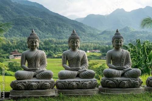 Serene stone Buddha statues situated in lush green landscape under cloudy sky