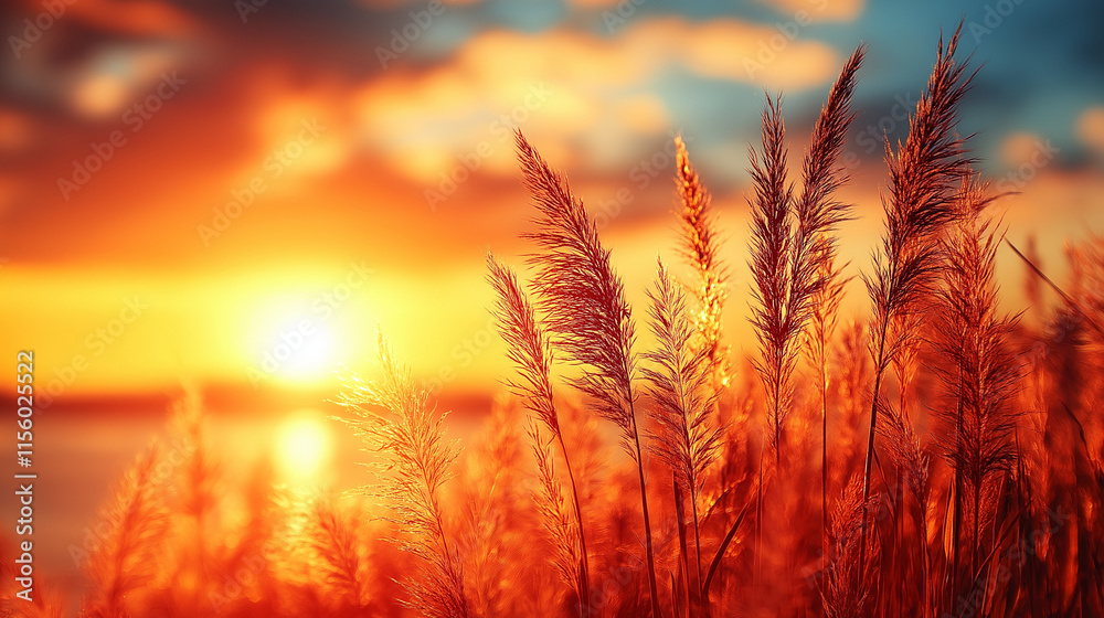 Golden sunset reflects on calm water with tall grass swaying gently in the evening breeze Golden sunset reflects on calm water with tall grass swaying gently in the evening breeze