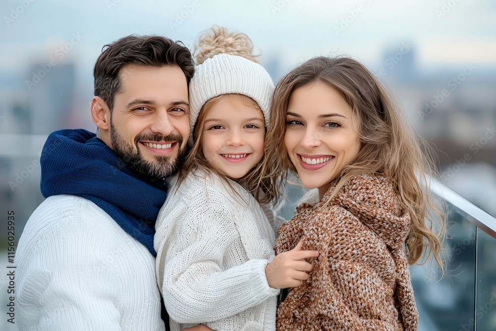 Fototapeta premium Heartwarming Family Portrait on Rooftop: A Close-Knit Family Embracing Togetherness with a Smiling Child on a Scenic Urban Background