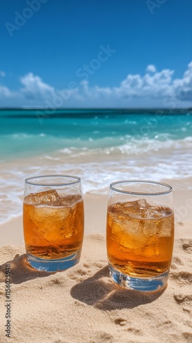 Refreshing drinks on a sunny beach with turquoise waves and clear skies