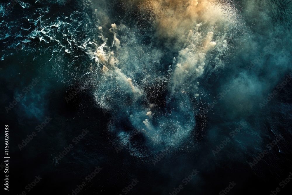 Fototapeta premium Abstract aerial view of an explosion over dark water, with swirling smoke and debris.