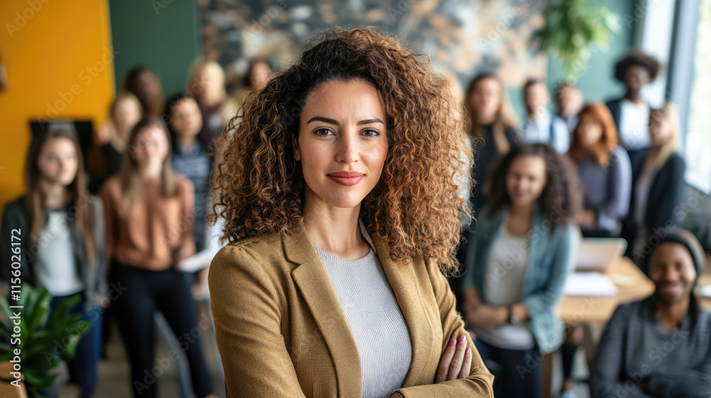 Obraz premium Confident young hispanic female leader in office with diverse team