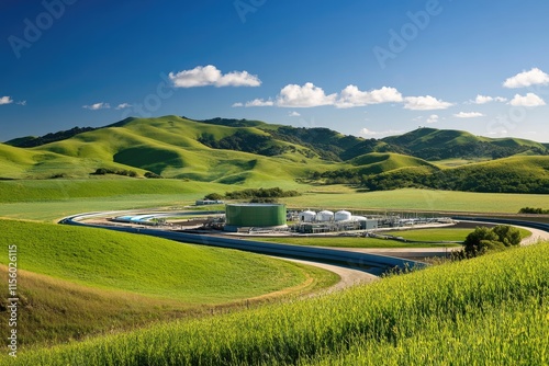 Biogas plant nestled in rolling green hills under a bright blue sky.