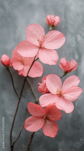 Beautiful pink cherry blossom branch against a textured gray background in na...