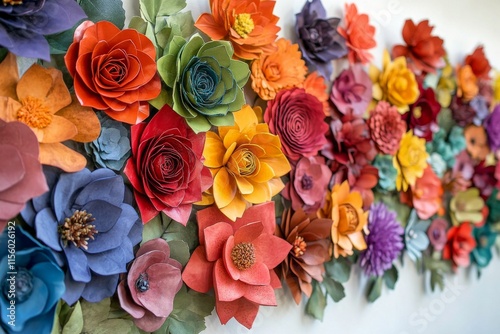 Colorful wall of blooming flowers in various pots against a rustic brick back...