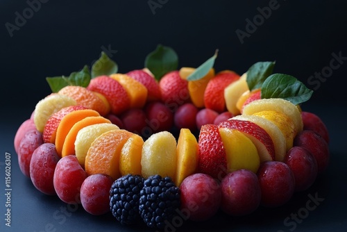 Colorful arrangement of fresh fruits in a circular display on a white background