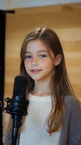 Young girl performing with a microphone in a cozy environment during a warm e...