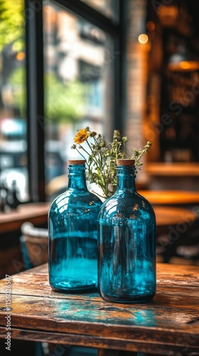 Fresh water bottles on a rustic wooden table under warm sunlight