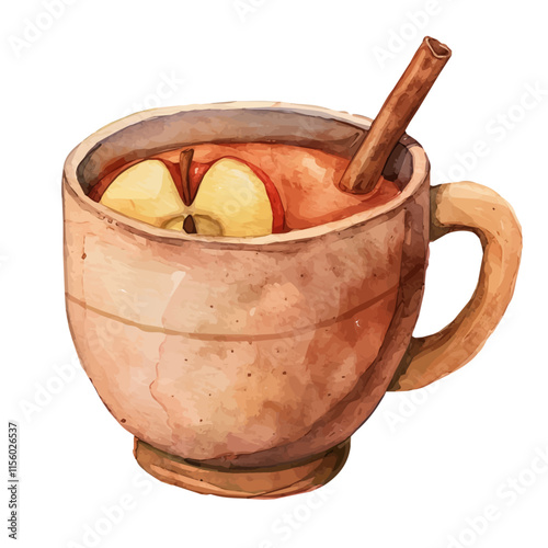 A watercolor vector of a hot apple cider mug with a cinnamon stick, isolated on a white background. Cider vector.
