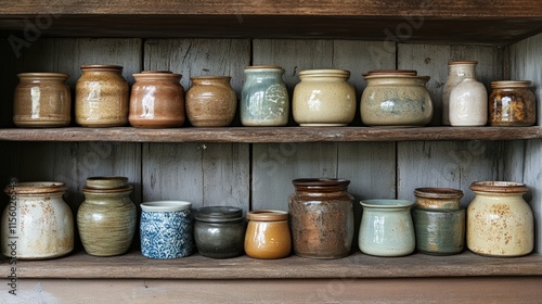 A rustic wooden shelf with an assortment of ceramic jars in neutral tones photo