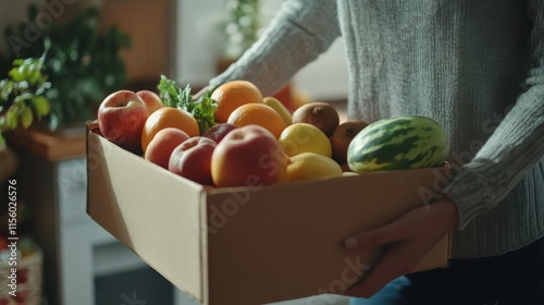 A person holding an open box of fresh vegetables and fruits, including tomatoes, lettuce, beets, lemons, asparagus, carrots, potatoes, green beans in the kitchen door.