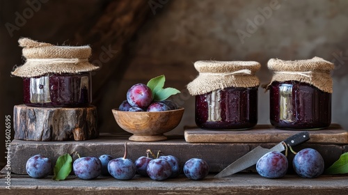 Jars of plum jam with fresh plums on a rustic wooden table photo