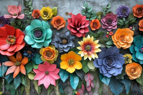 Colorful wall of blooming flowers in various pots against a rustic brick back...