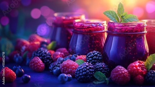 Jars of mixed berry jam surrounded by fresh berries and vibrant lighting photo