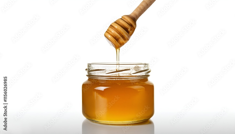 Golden honey flowing from a wooden drizzler into a glass jar against a white background, illustrating sweetness and natural food. Golden honey flowing from a wooden drizzler into a glass jar against a white background, illustrating sweetness and natural food.