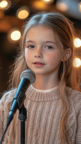 Young girl performing with a microphone in a cozy environment during a warm e...