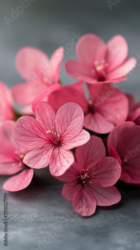 Beautiful pink cherry blossom branch against a textured gray background in na...