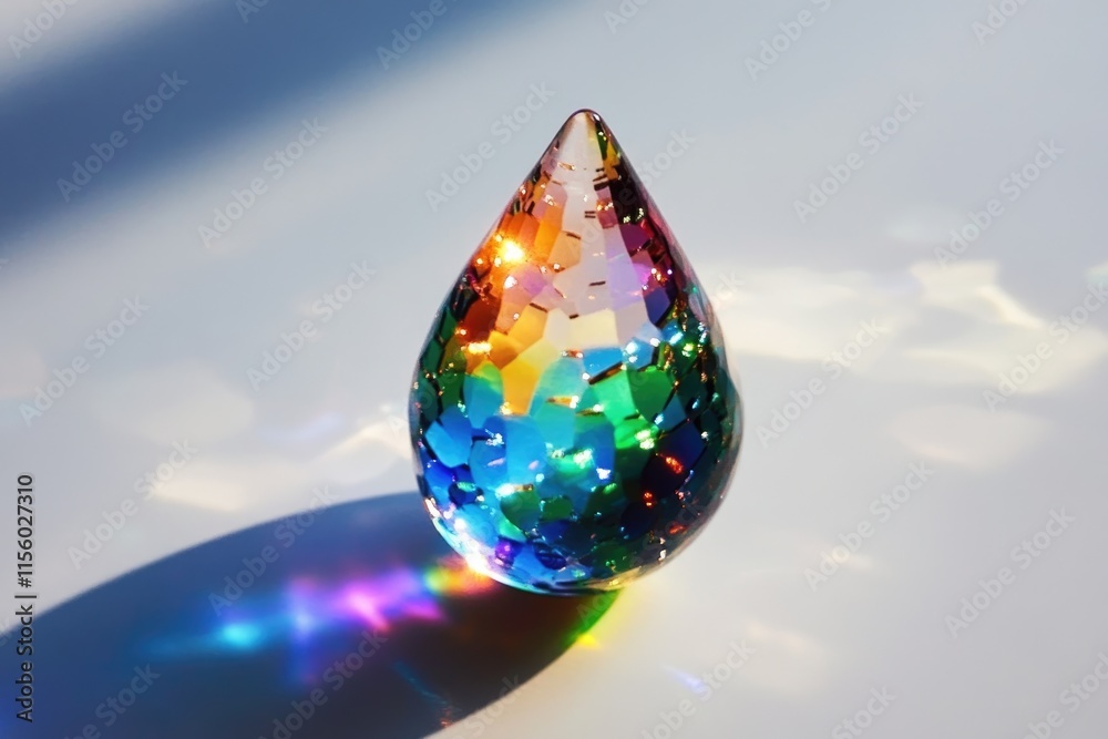 Fototapeta premium A teardrop-shaped glass ornament with a rainbow of colors, reflecting light.