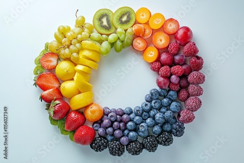 Colorful arrangement of fresh fruits in a circular display on a white background