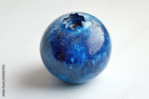 A single, glistening blueberry, plump and round, covered in tiny water droplets. photo