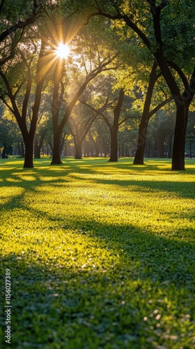 Sunlight filter through trees in a green park during early morning hours