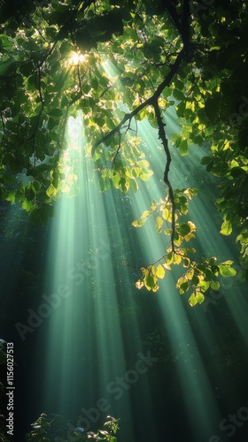 Sunlight streaming through leaves onto a grassy landscape in a serene natural...