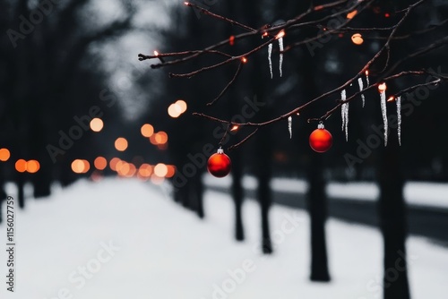 a mythical tree in a snowy forest with ornaments growing like fruit from its branches, with icicles and warm light. photo