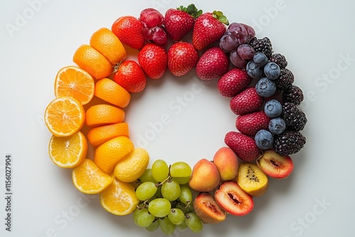 Colorful arrangement of fresh fruits in a circular display on a white background