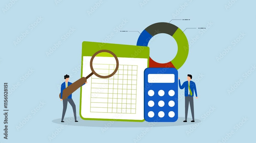 Accounting and finance audit, 4k animation of Business professionals accountants using calculators and spreadsheets to generate reports. 