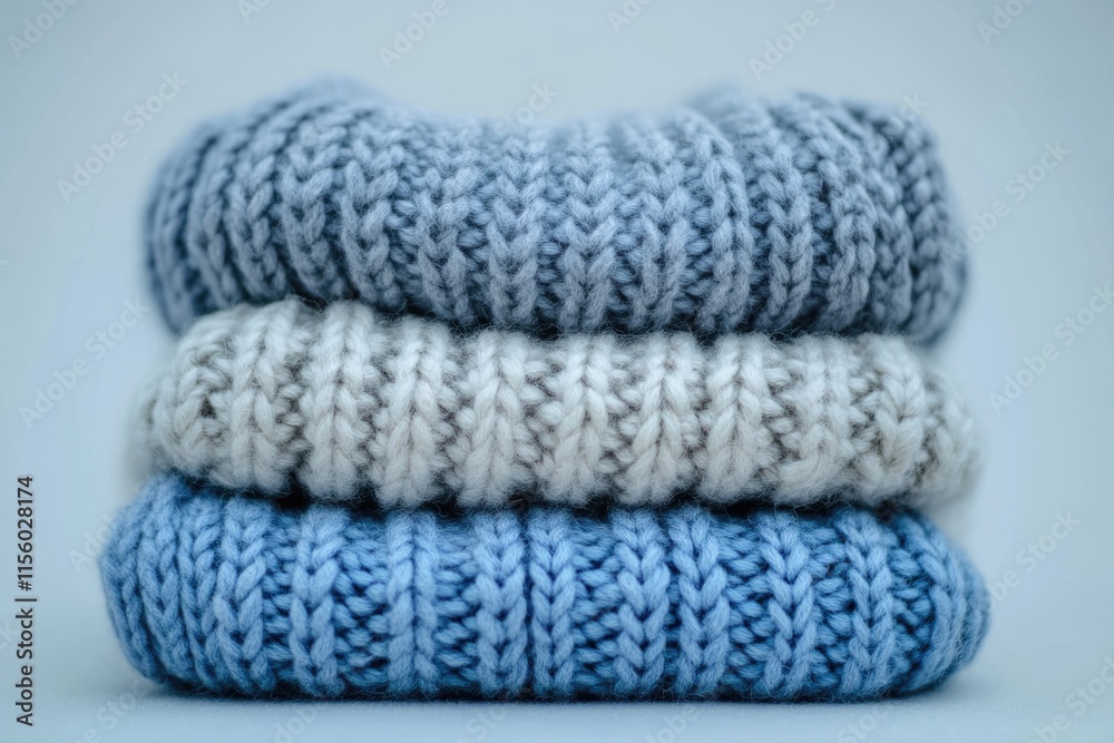 A stack of three cozy knitted sweaters in varying shades of blue and gray. A stack of three cozy knitted sweaters in varying shades of blue and gray.