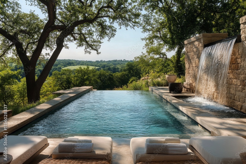 Obraz premium Relaxing afternoon by the tranquil infinity pool in a scenic outdoor setting