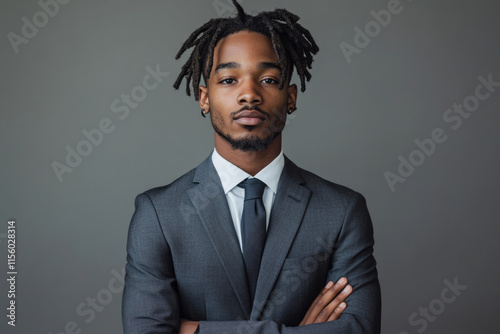 A young  confident Black man in a suit  arms crossed  exudes professionalism and success.