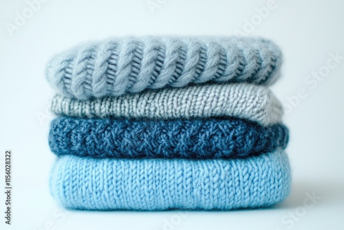 Stack of four knitted sweaters in shades of blue, showcasing various textures and patterns.