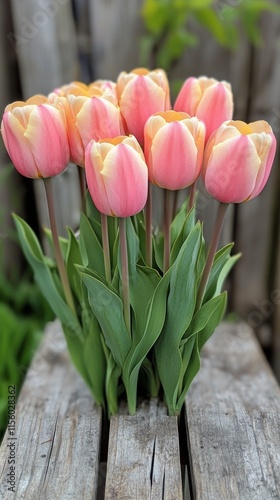 Pink and yellow tulips arranged gracefully on weathered wooden surface