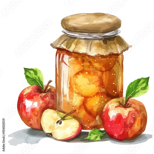 A watercolor vector of a jar of homemade apple jam surrounded by fresh apples, isolated on a white background. Autumn vector.
