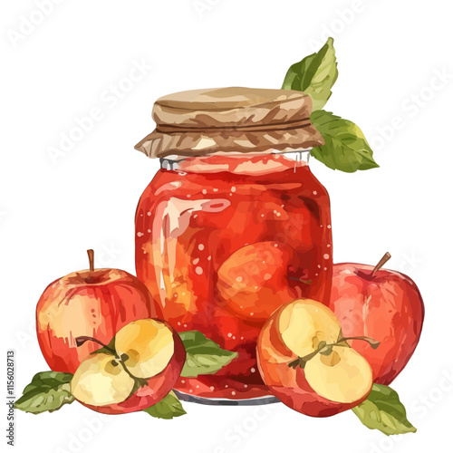 A watercolor vector of a jar of homemade apple jam surrounded by fresh apples, isolated on a white background. Autumn vector.
