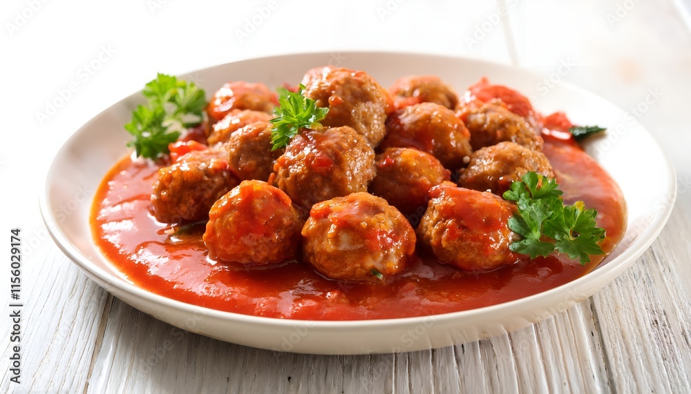 A tempting dish featuring homemade meatballs served in a vibrant tomato sauce, garnished with fresh green basil leaves. Perfect for illustrating classic Italian cuisine and hearty food plating. A tempting dish featuring homemade meatballs served in a vibrant tomato sauce, garnished with fresh green basil leaves. Perfect for illustrating classic Italian cuisine and hearty food plating.