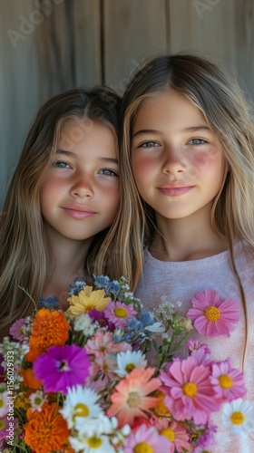 Two young girls holding a vibrant flower bouquet with cheerful smiles in a br...