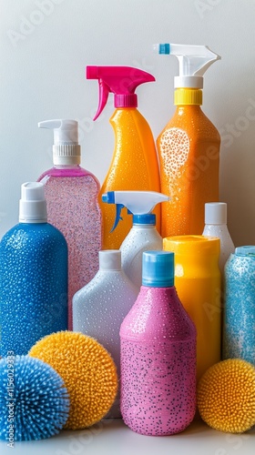Colorful cleaning supplies arranged on a bright surface for household cleanin...