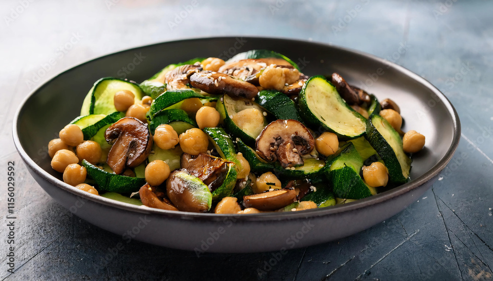 Delicious and nutritious vegan stir fry featuring chickpeas, zucchini, broccoli, and mushrooms in a fresh and vibrant presentation. Delicious and nutritious vegan stir fry featuring chickpeas, zucchini, broccoli, and mushrooms in a fresh and vibrant presentation.