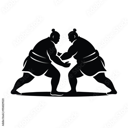 a black and white silhouette of two sumo wrestlers in a fighting stance