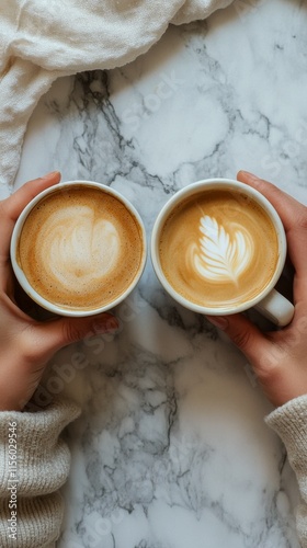 Warm coffee cups with latte art held by hands in cozy, decorated space during...