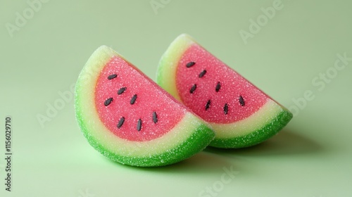 Close-Up of Watermelon-Themed Gummy Candies on Soft Green Background. Two watermelon-shaped gummy candies are displayed on a clean green background, emphasizing their vibrant colors and sugar texture. photo